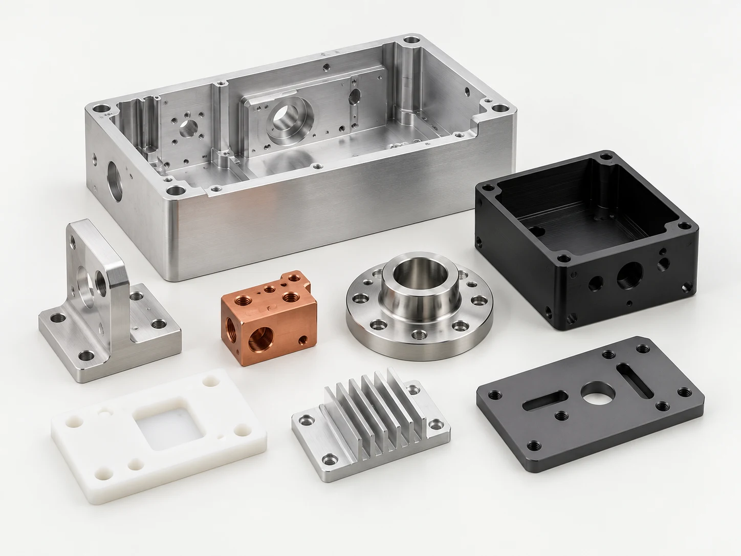 Illustration of eight CNC components in aluminum, steel, copper and plastic